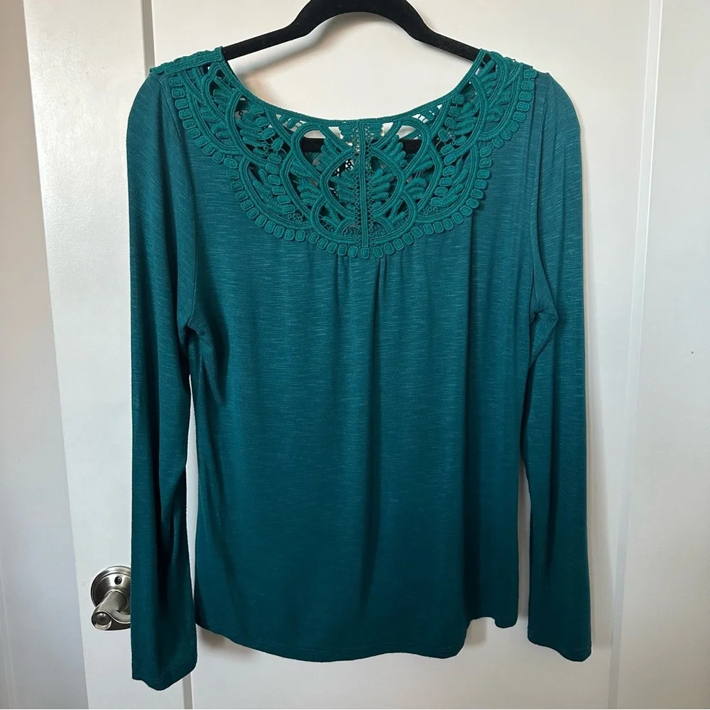 ANTHROPOLOGIE Bobbinlace Tee Knit Top Teal Crochet Lace Front Petite - Picture 6 of 6